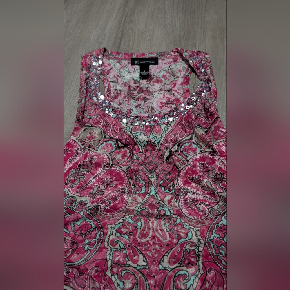 INC Large Pink Paisley Sleeveless Ruched Shirt